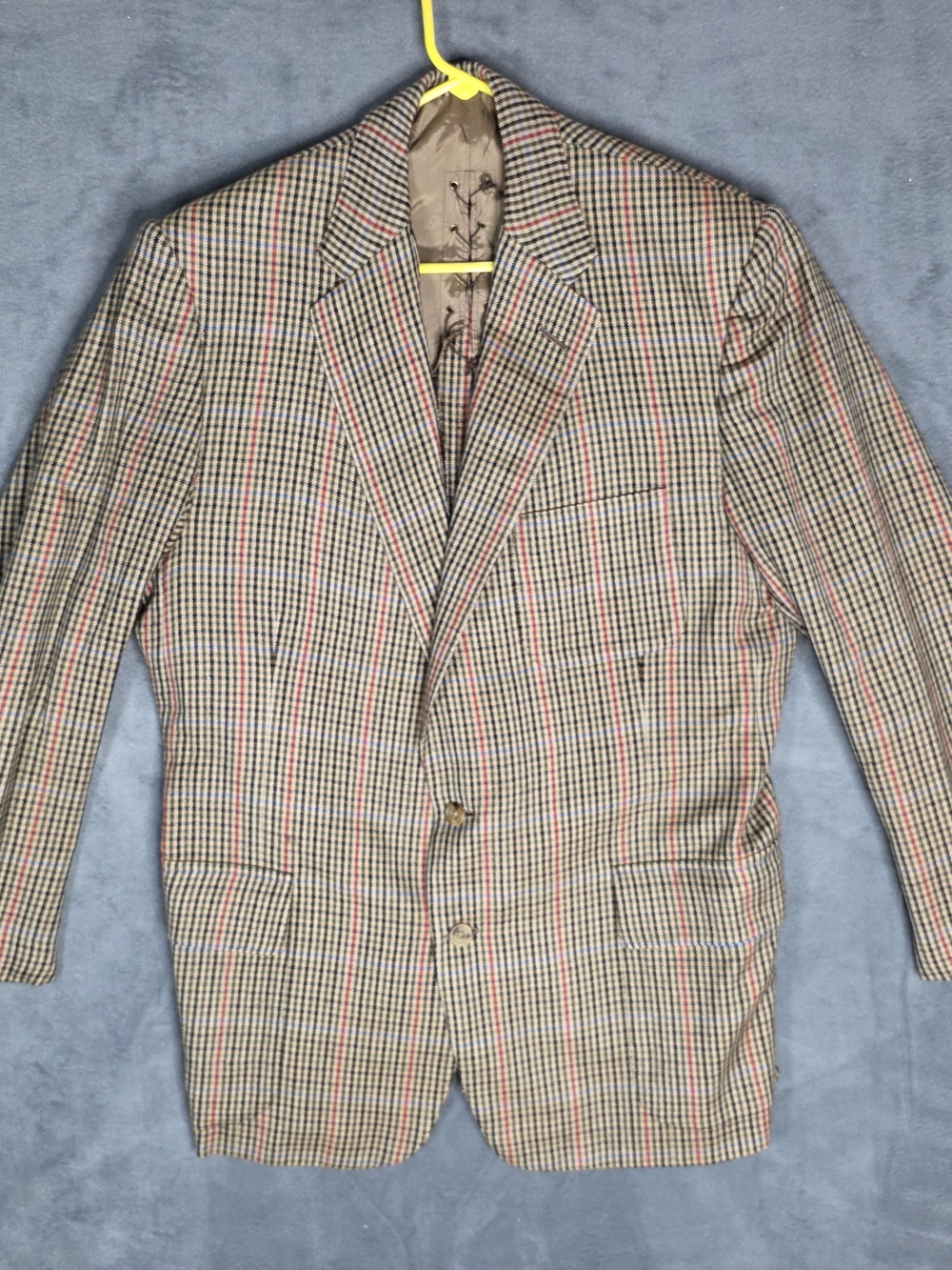 Vintage DEGE Savile Row Bespoke Sport Coat Blazer Brown Red Blue Plaid Wool